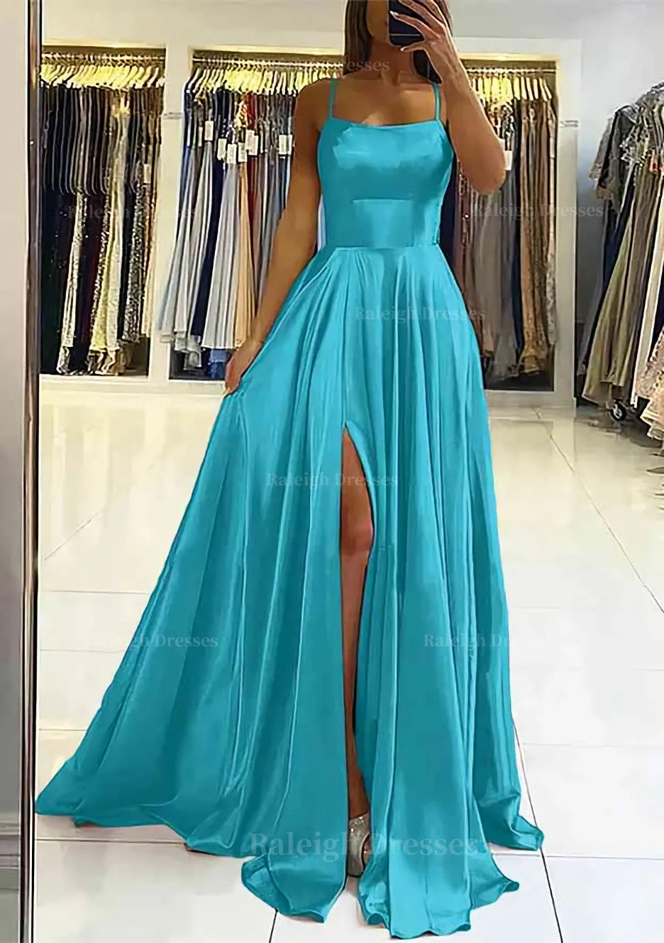 A-line Square Neckline Sleeveless Satin Sweep Train Prom Dress With Pleated