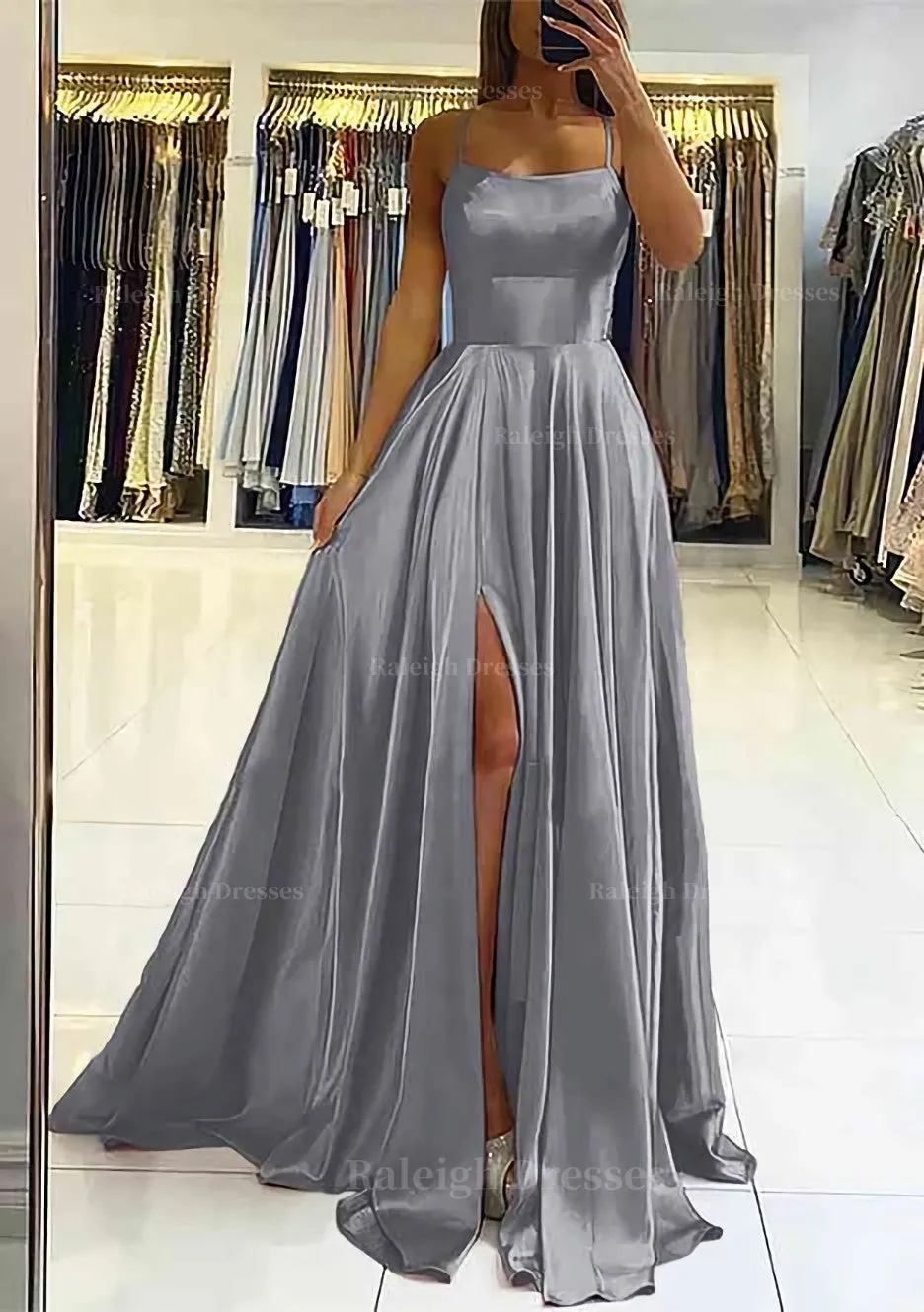 A-line Square Neckline Sleeveless Satin Sweep Train Prom Dress With Pleated