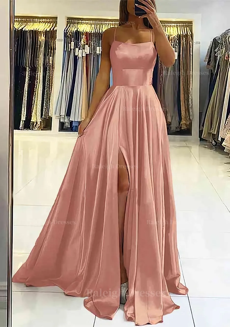 A-line Square Neckline Sleeveless Satin Sweep Train Prom Dress With Pleated