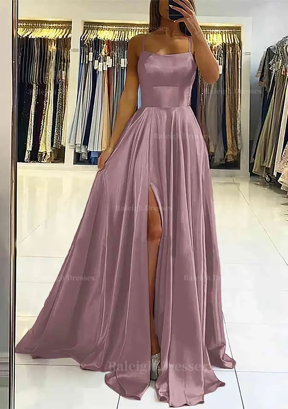 A-line Square Neckline Sleeveless Satin Sweep Train Prom Dress With Pleated