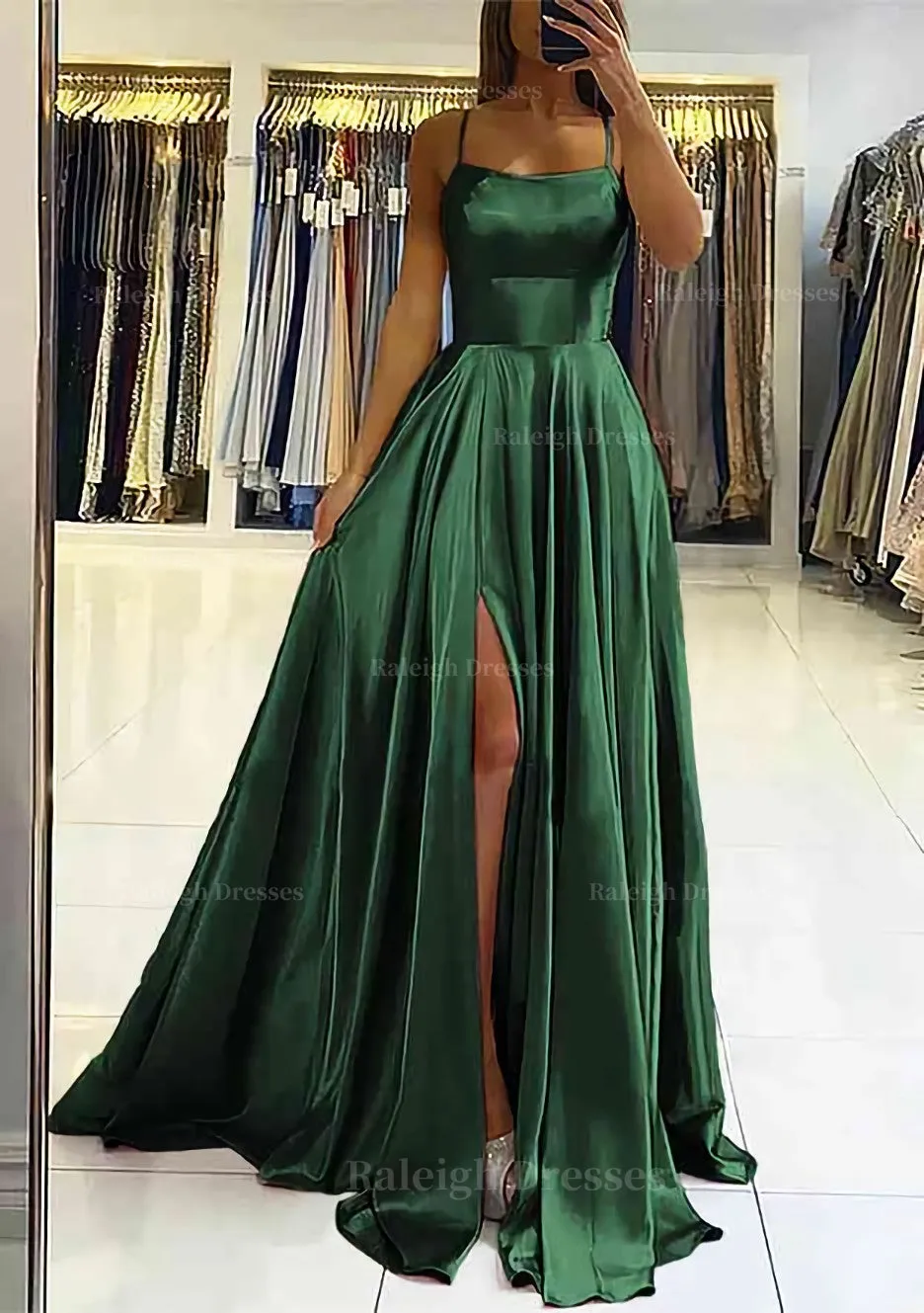 A-line Square Neckline Sleeveless Satin Sweep Train Prom Dress With Pleated