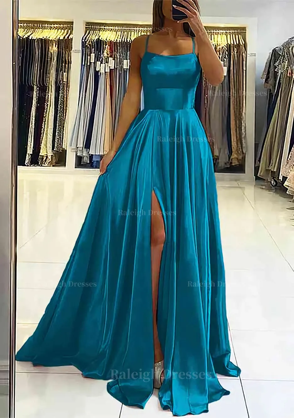 A-line Square Neckline Sleeveless Satin Sweep Train Prom Dress With Pleated