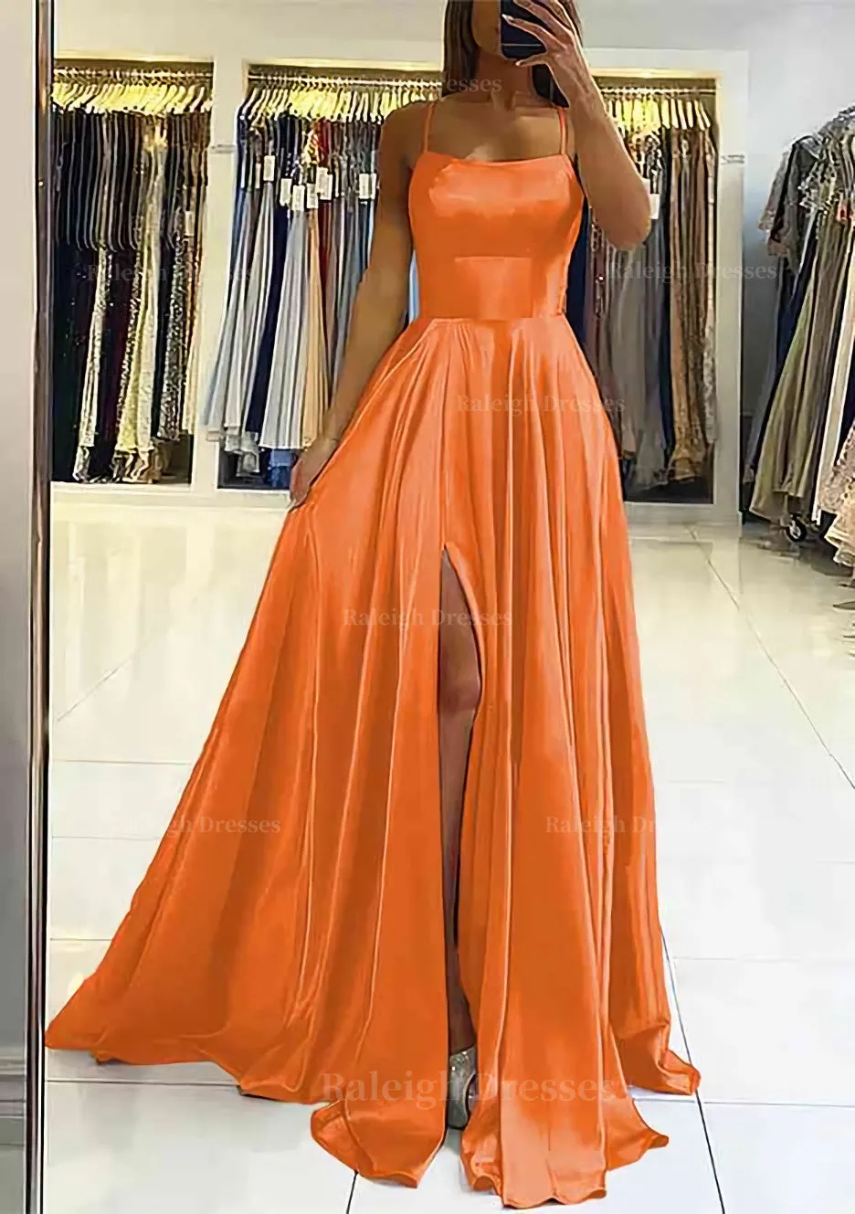 A-line Square Neckline Sleeveless Satin Sweep Train Prom Dress With Pleated