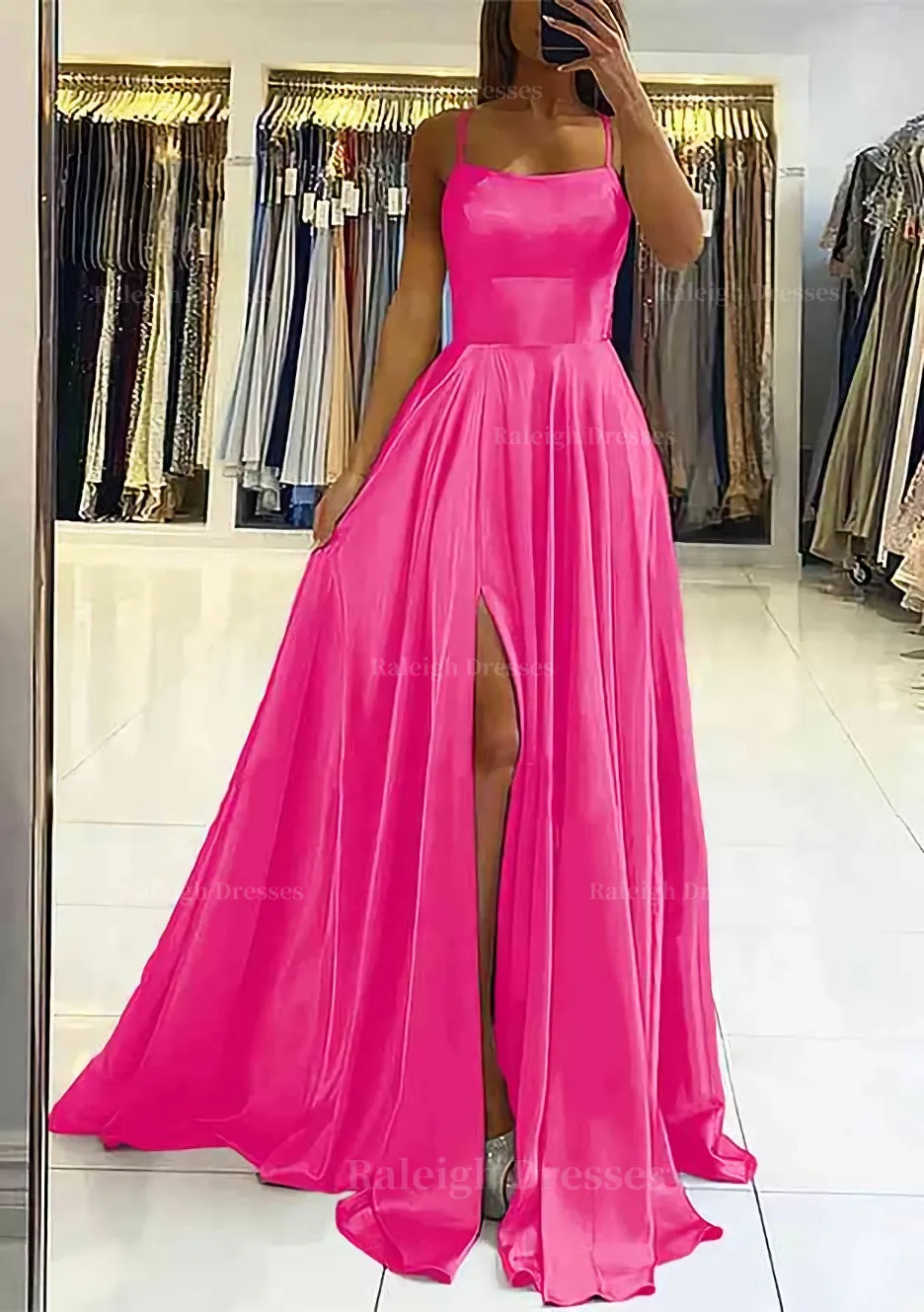 A-line Square Neckline Sleeveless Satin Sweep Train Prom Dress With Pleated