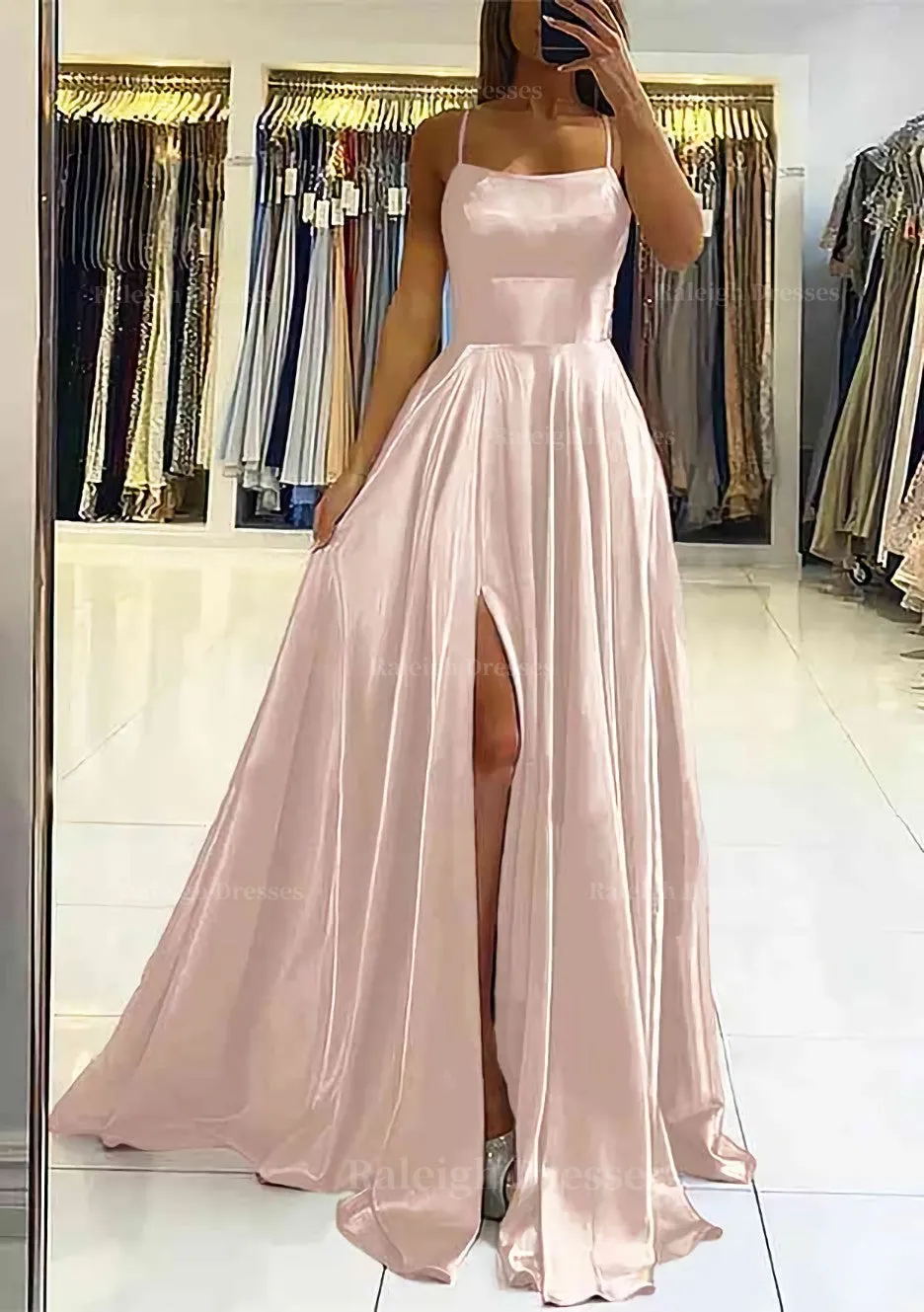 A-line Square Neckline Sleeveless Satin Sweep Train Prom Dress With Pleated