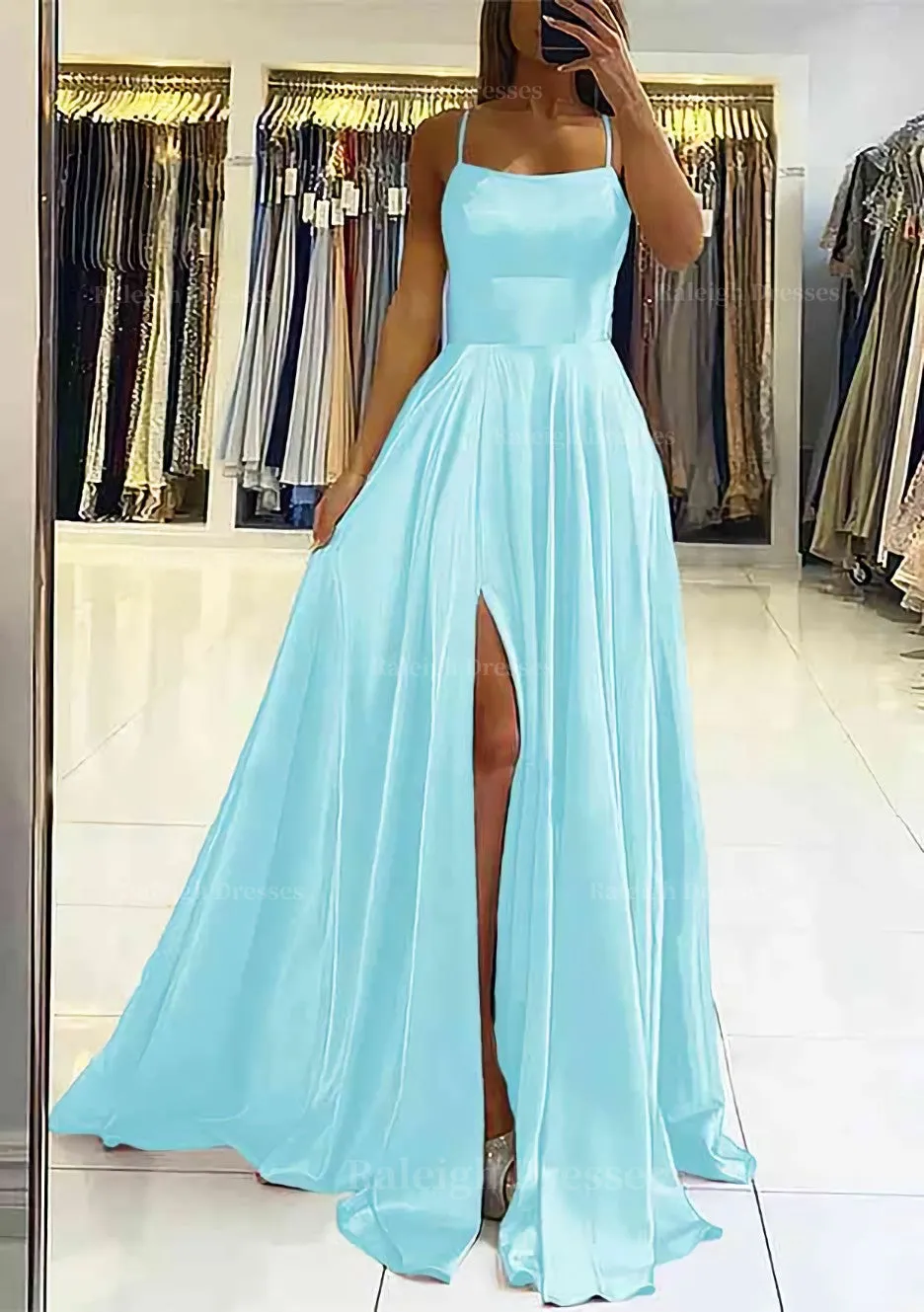 A-line Square Neckline Sleeveless Satin Sweep Train Prom Dress With Pleated