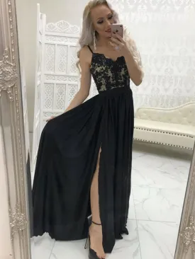 A Line Sweetheart Neck Lace Long Black Prom with Split, Black Lace Formal Graduation Evening, Black Party