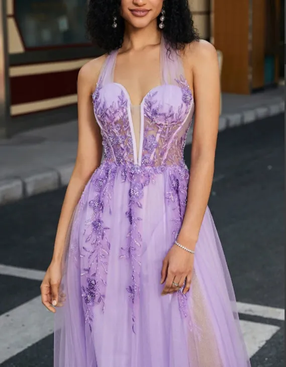 A Line Tulle Halter Neck Corset Prom Dress with Appliques