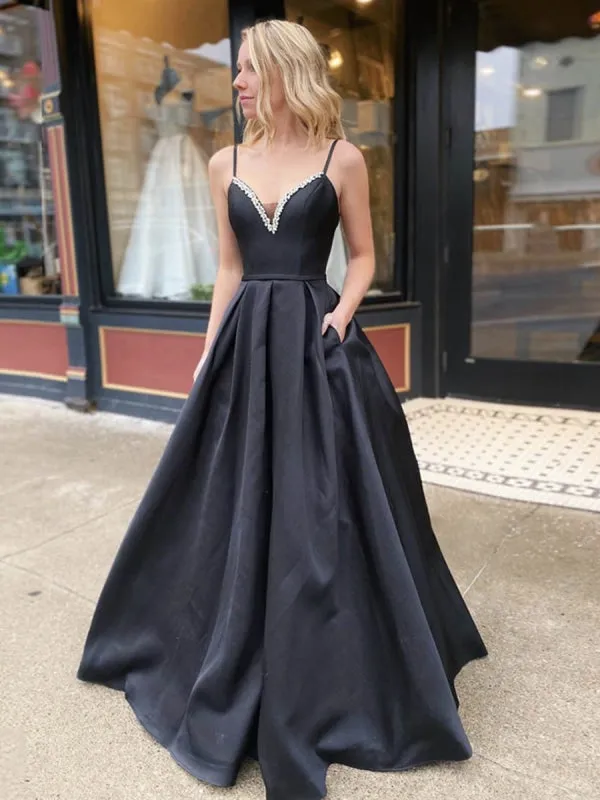 A Line V Neck Backless Black Long Prom with Beadings, Backless Black Formal, Black Evening