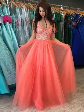 A Line V Neck Backless Coral Lace Long Prom, Backless Coral Lace Formal, Coral Lace Evening