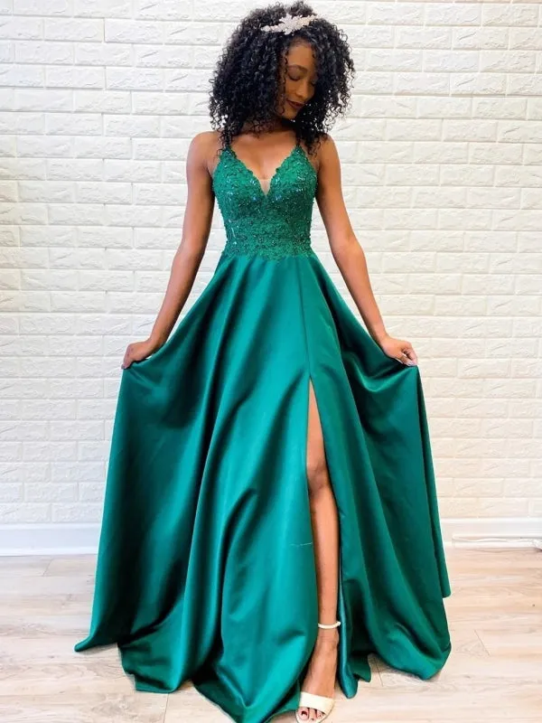 A Line V Neck Backless Lace Green Prom with Split, Backless Green Lace Formal, Green Lace Evening