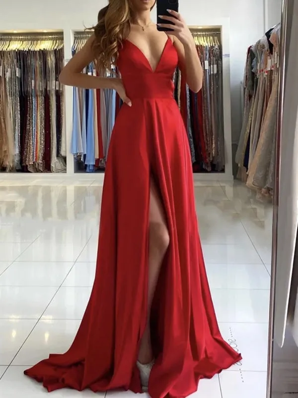 A Line V Neck Backless Long Red Prom with High Slit, Backless Red Formal Graduation Evening