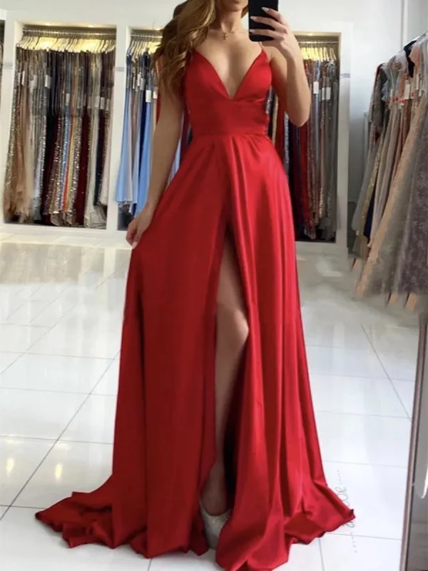 A Line V Neck Backless Long Red Prom with High Slit, Backless Red Formal Graduation Evening