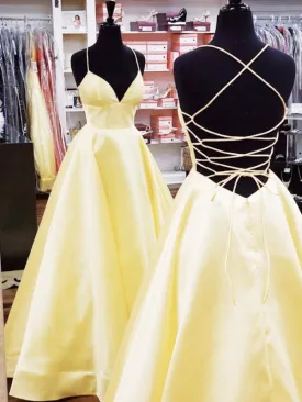 A Line V Neck Backless Yellow Long Prom with Cross Back, Backless Yellow Formal Graduation Evening