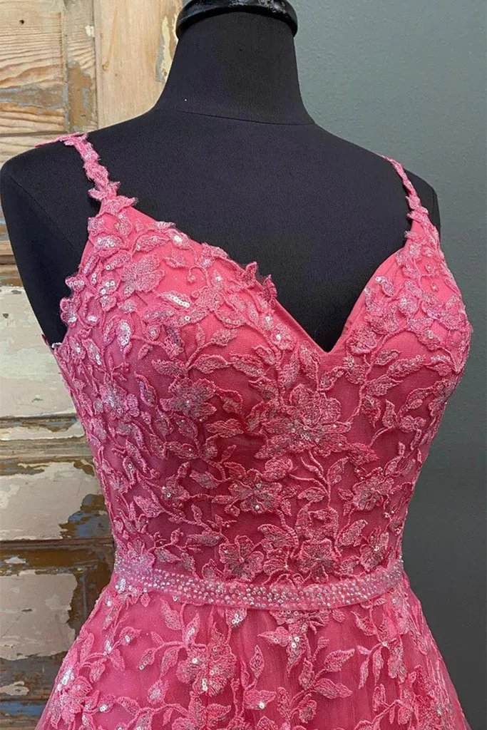 A Line V Neck Beaded Hot Pink Lace Long Prom Dress, Hot Pink Lace Formal Graduation Evening Dress  Y216