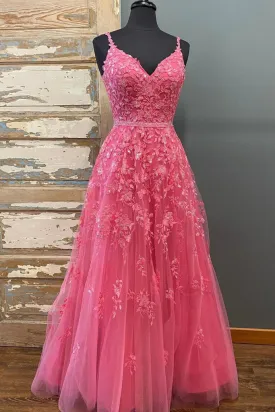 A Line V Neck Beaded Hot Pink Lace Long Prom Dress, Hot Pink Lace Formal Graduation Evening Dress  Y216