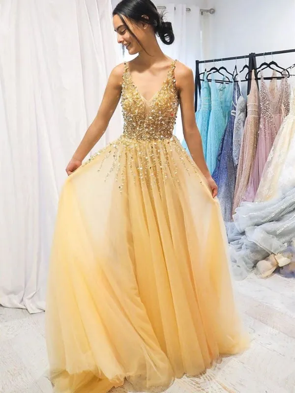 A Line V Neck Beaded Sequins Golden Long Prom, V Neck Beaded Golden Formal, Golden Evening