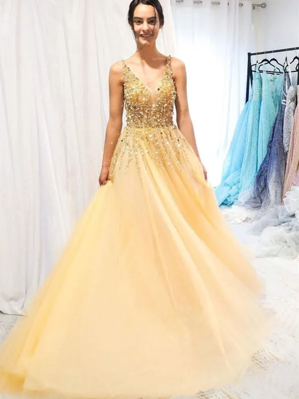 A Line V Neck Beaded Sequins Golden Long Prom, V Neck Beaded Golden Formal, Golden Evening