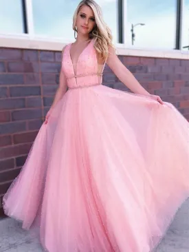 A Line V Neck Beaded Tulle Long Pink Prom with Beadings, V Neck Pink Formal, Pink Evening