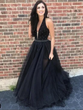 A Line V Neck Beading Black Tulle Long Prom, V Neck Black Formal, Black Evening