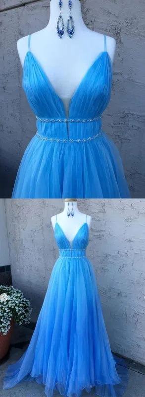 A Line V Neck Blue Long Prom with Thin Belt, Blue Formal, Evening