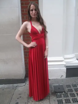 A Line V Neck Floor Length Pleated Red Long Prom, Red V Neck Formal, Red Evening, V Neck Red Graduation