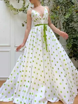 A Line V Neck Green Dot White Long Prom, Green Dot Long Formal Evening