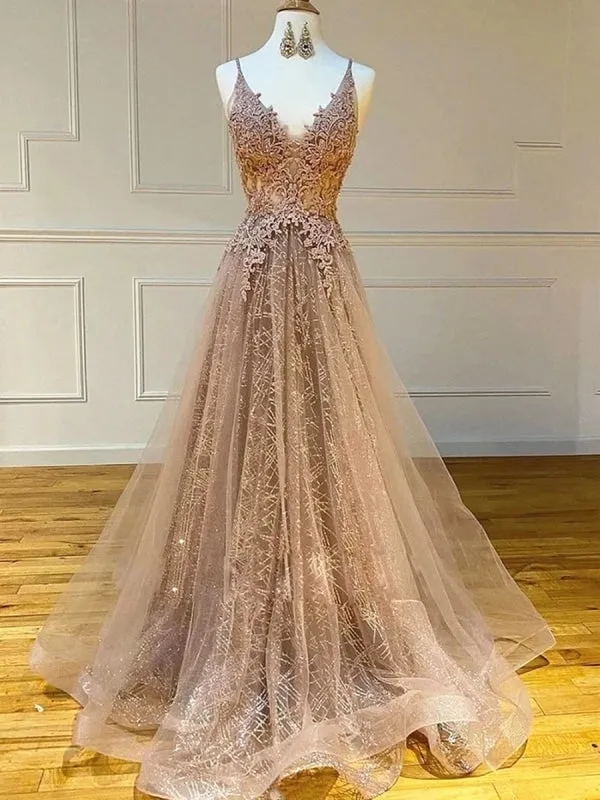 A Line V Neck Lace Champagne Long Prom, Champagne Lace Formal Graduation Evening