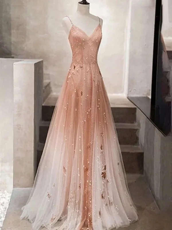 A Line V Neck Open Back Champagne Tulle Beaded Long Prom, V Neck Champagne Formal Graduation Evening