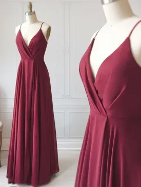 A Line V Neck Pleated Burgundy Long Prom, Floor Length Burgundy Formal Evening Graduation