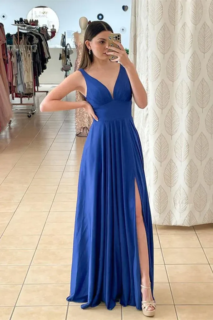 A Line V Neck Royal Blue Satin Long Prom Dress with High Slit, V Neck Royal Blue Formal Graduation Dress Y206