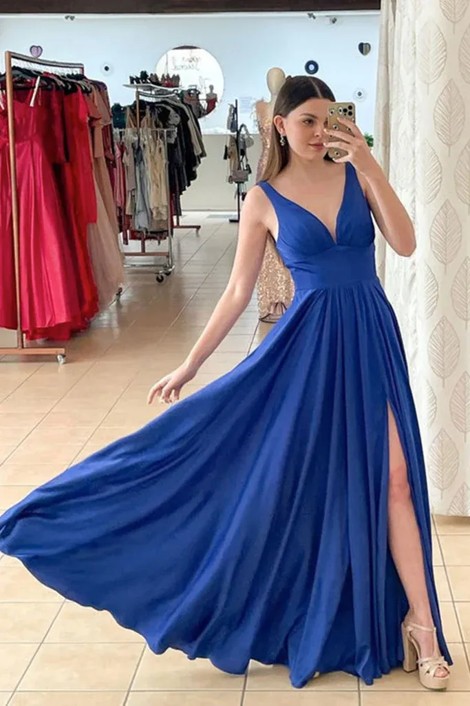 A Line V Neck Royal Blue Satin Long Prom Dress with High Slit, V Neck Royal Blue Formal Graduation Dress Y206