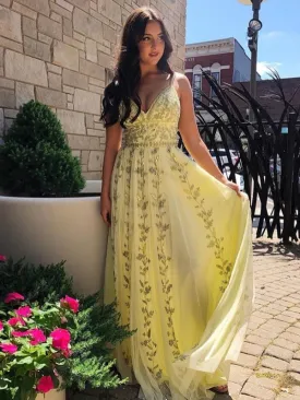 A Line V Neck Sequin Appliques Yellow Long Prom, V Neck Yellow Formal, Yellow Evening