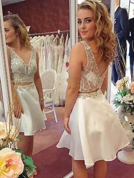 A Line V Neck Short 2 Pieces Beaded Prom, Two Pieces White Beaded Formal Homecoming