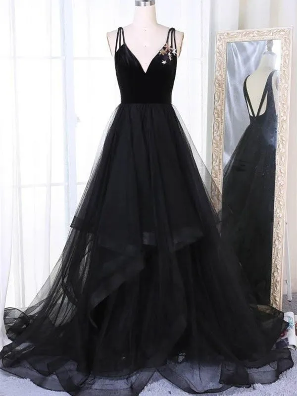 A Line V Neck Tulle Black Ball Gown, Black Prom, Black Formal