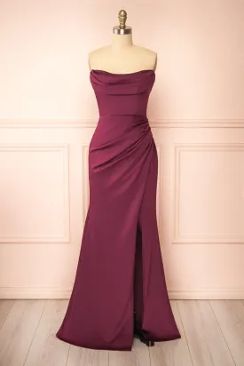 Ailsa Burgundy | Strapless Gown w/ High Slit