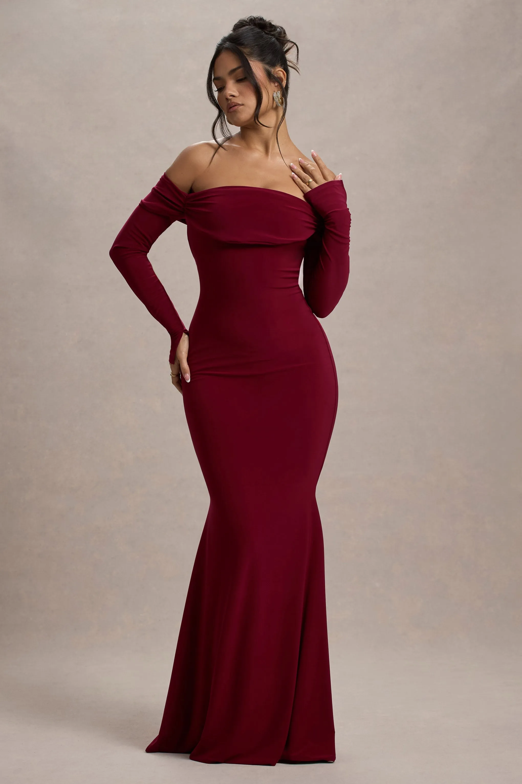 Amaia | Berry Bardot Long-Sleeve Maxi Dress