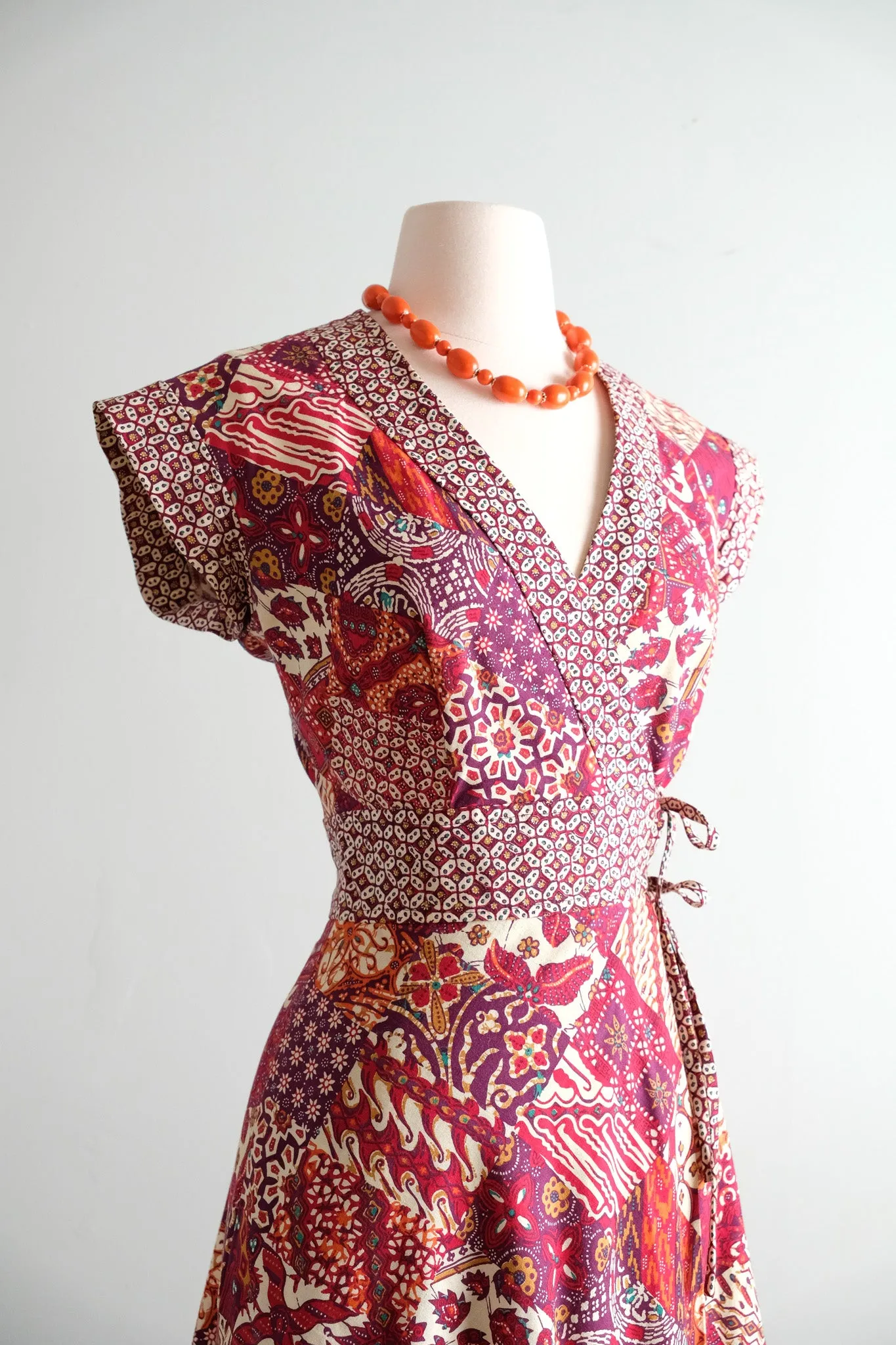 Amazing 1970's Batik Block Print Cotton Wrap Dress / Sz S/M