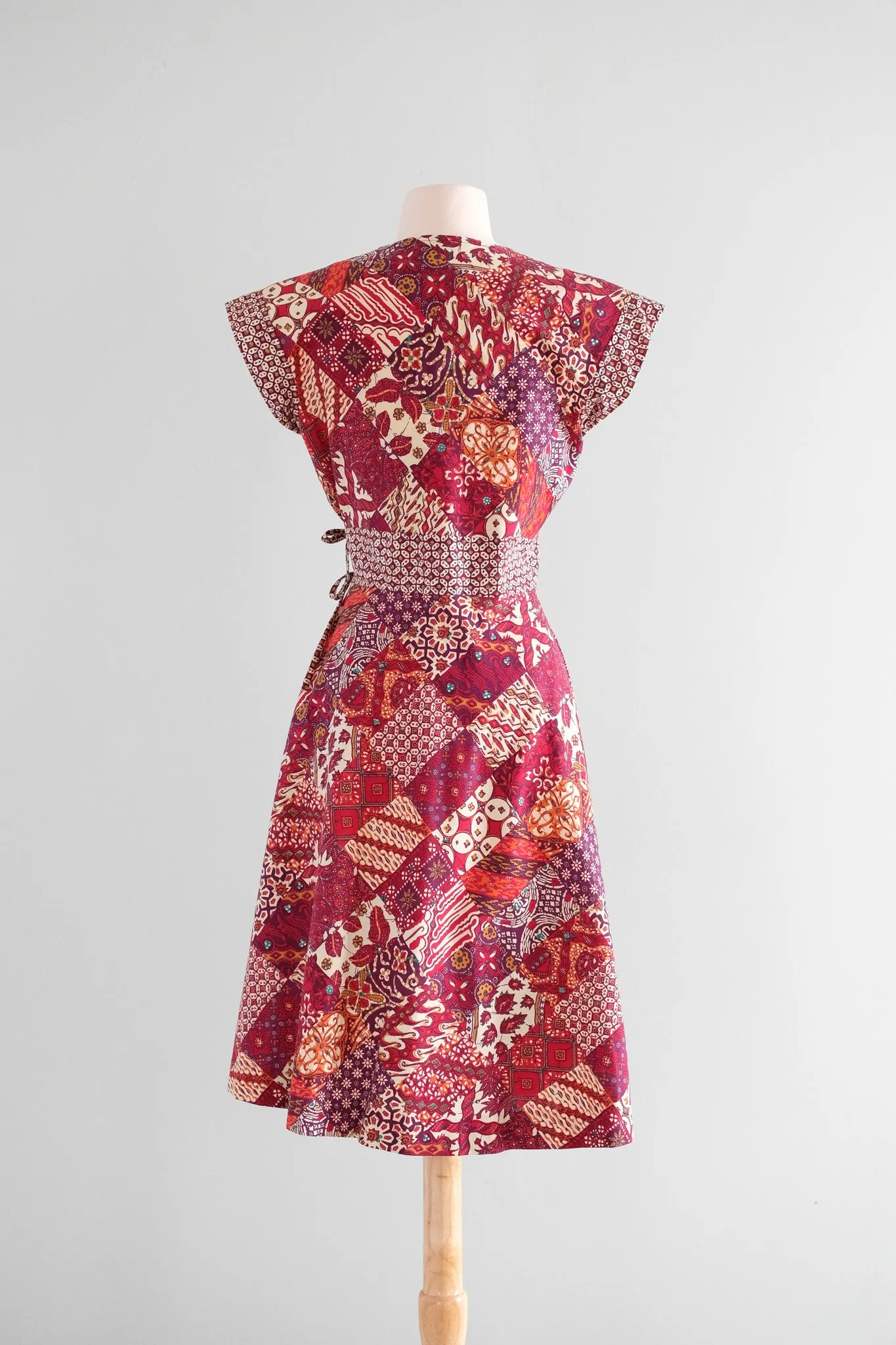 Amazing 1970's Batik Block Print Cotton Wrap Dress / Sz S/M