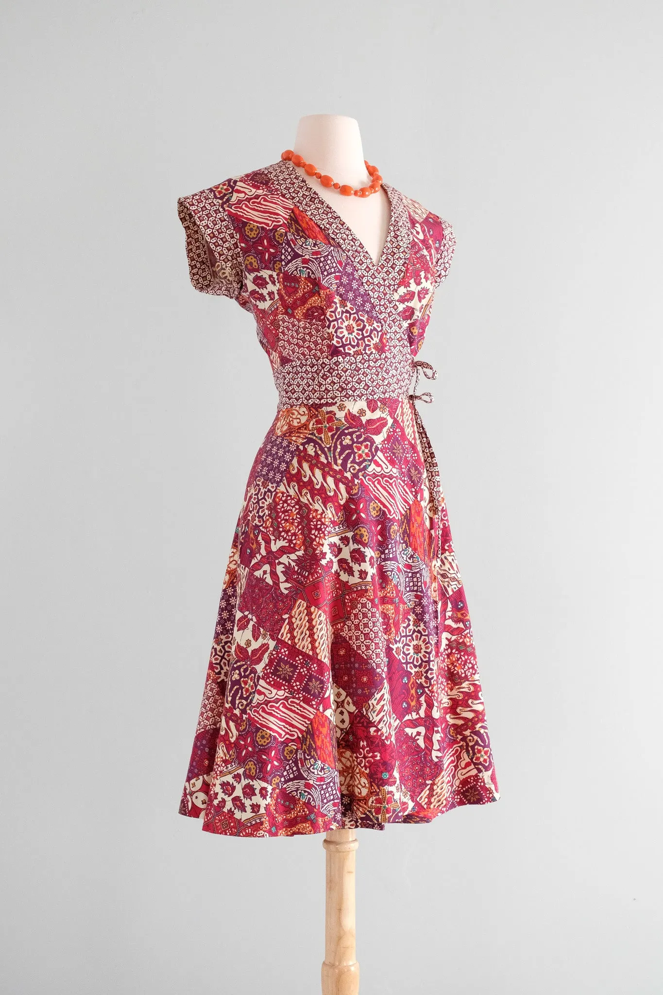 Amazing 1970's Batik Block Print Cotton Wrap Dress / Sz S/M