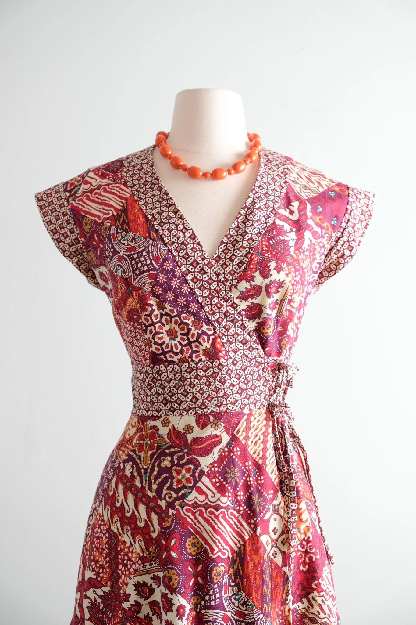 Amazing 1970's Batik Block Print Cotton Wrap Dress / Sz S/M