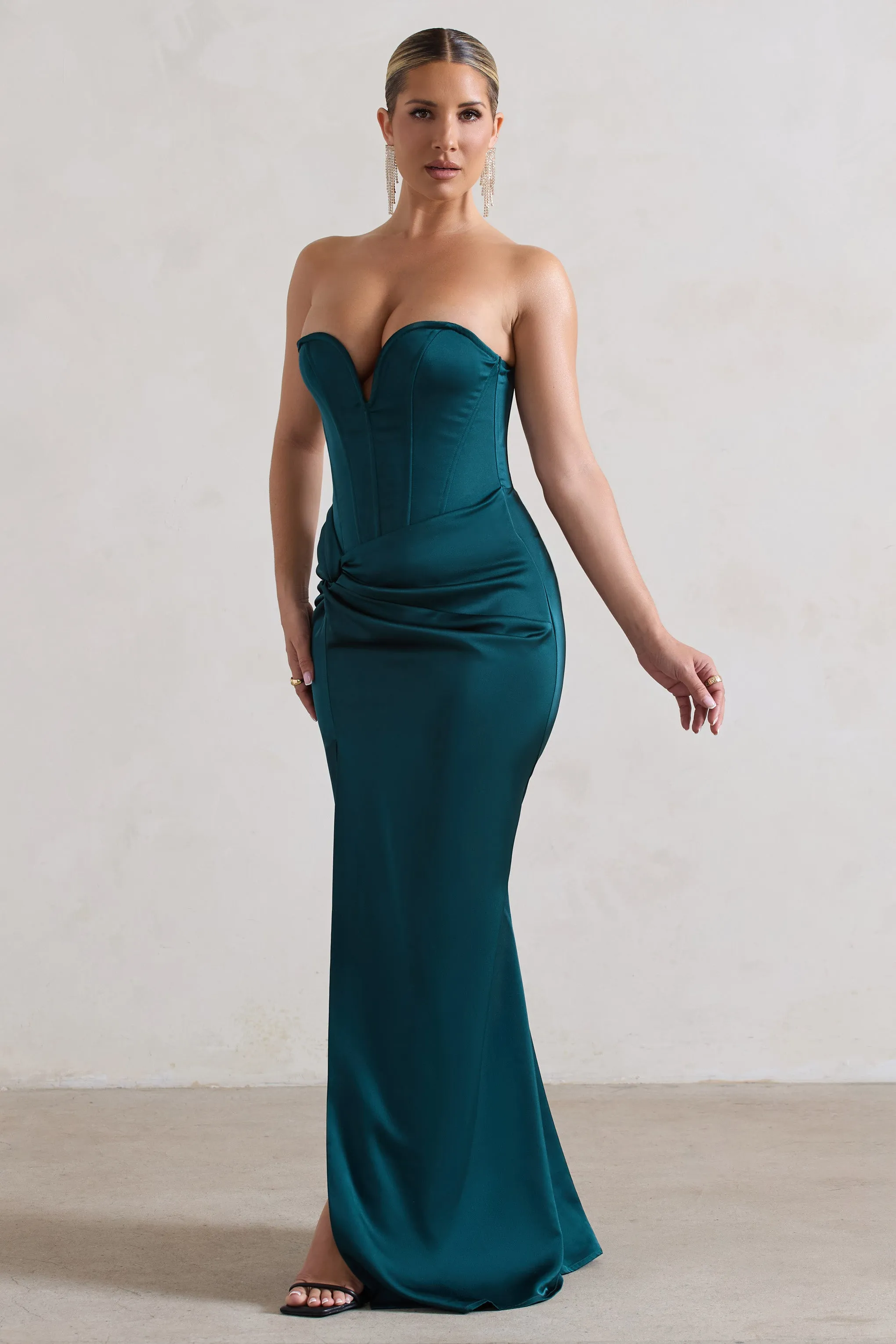 Ardelle | Dark Green Satin Corseted Wrap Maxi Dress