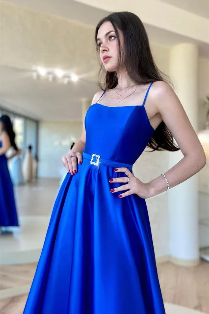 Backless Royal Blue Satin Long Prom Dress with High Slit, Backless Blue Formal Graduation Evening Dress Y203