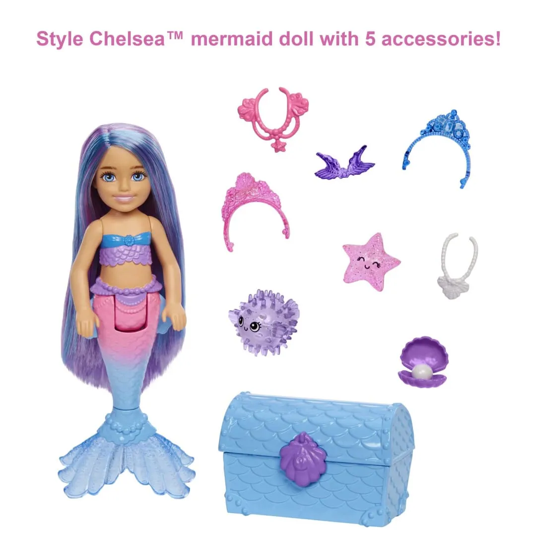 Barbie Mermaid Power™ Chelsea™ Mermaid Doll (Blue & Purple Hair) with 2 Pets, Treasure Chest & Accessories by Mattel