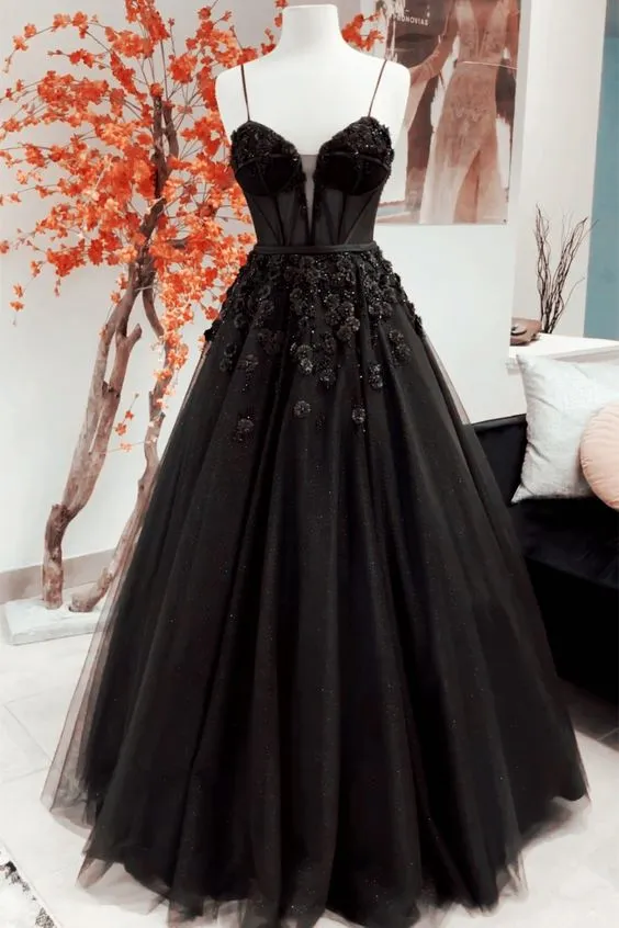 Beautiful Black Tulle Applique Prom Dress Elegant Evening Dress Party Dress SH937