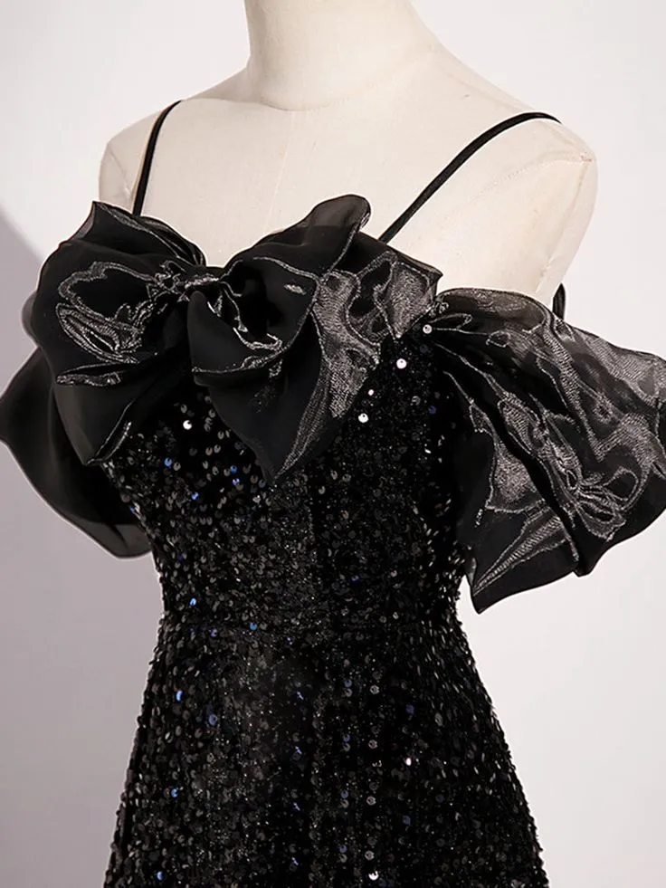 Black Off Shoulder Sequin Long Prom Dress Evening Dress With Bow Knot SH1047