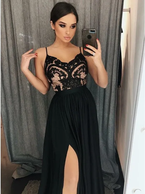 Black Prom Dress with Slit, Evening Dress ,Winter Formal Dress, Pageant Dance Dresses, Graduation School Party Gown, PC0298