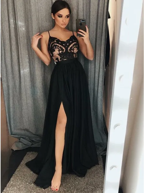 Black Prom Dress with Slit, Evening Dress ,Winter Formal Dress, Pageant Dance Dresses, Graduation School Party Gown, PC0298