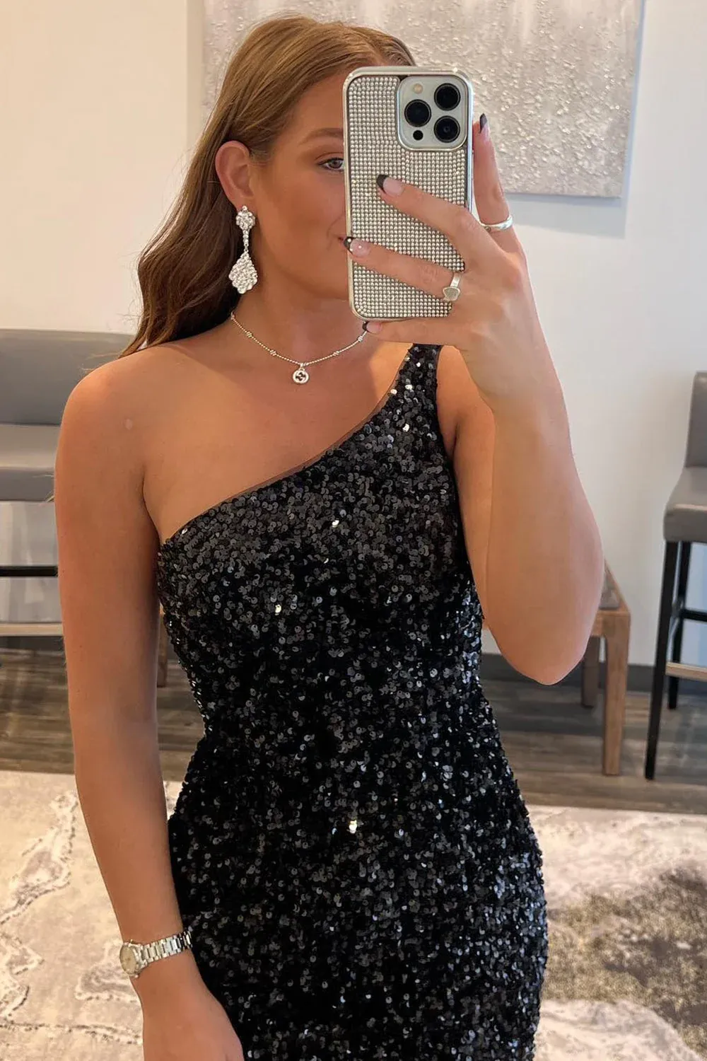 Black Sequins Sheath One Shoulder Homecoming Dress SH576