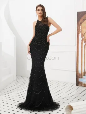 Black Sparkly Round Neck Mermaid High Quality  Long Prom Dresses With Beads, Evening Dresses LMX1135